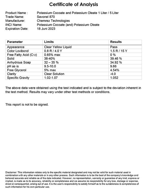 sertifikat analisis potassium cocoate and potassium oleate